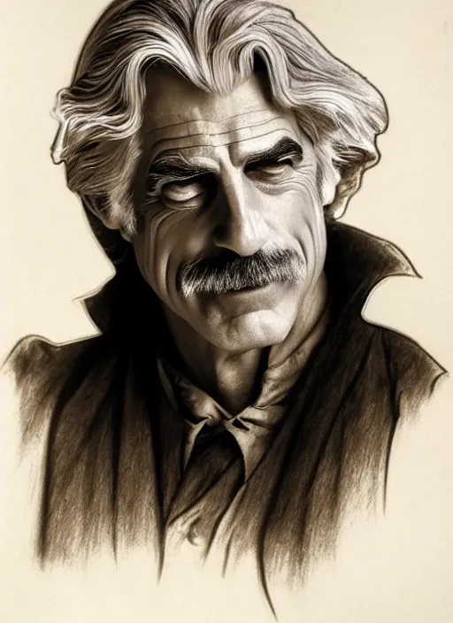 Image similar to hyperrealist pencil sketch of sam elliott as dracula by david malan and alphonse mucha, fantasy art, drawing, dynamic lighting, artstation, poster, volumetric lighting, very detailed faces, 4 k, award winning