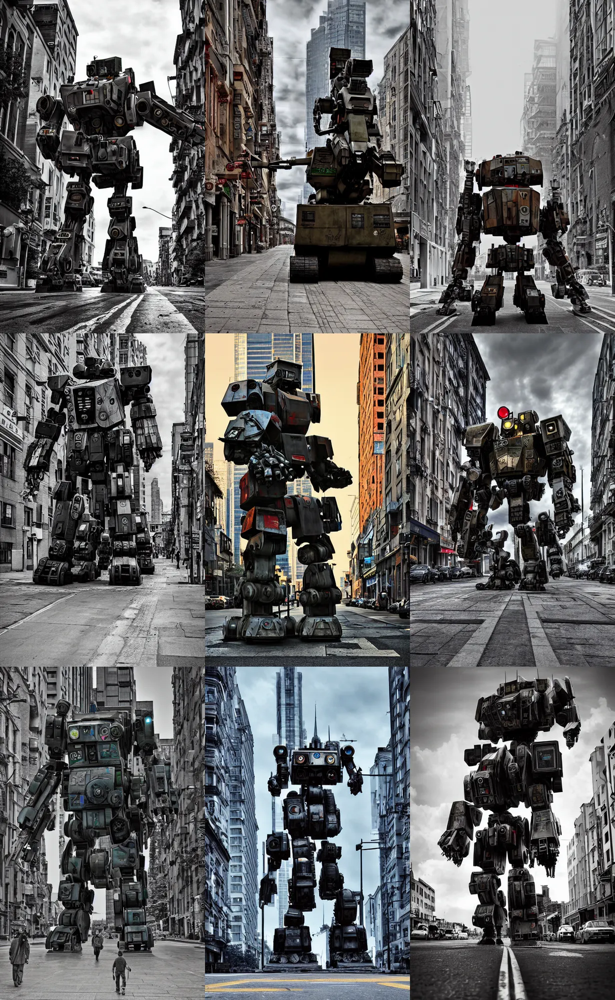 Prompt: battlemech walking down a city street, digital photograph, 3 2 megapixel