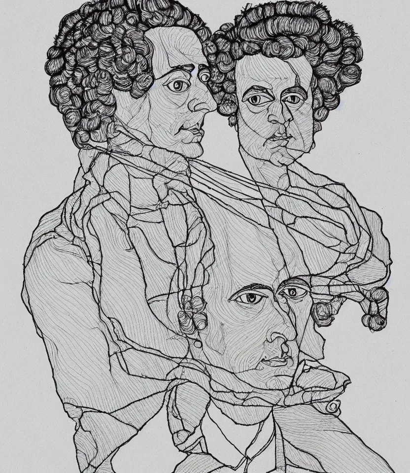 Prompt: detailed line art portrait of mozart, inspired by egon schiele. caricatural, minimalist, bold contour lines, musicality, soft twirls curls and curves, confident personality, raw emotion