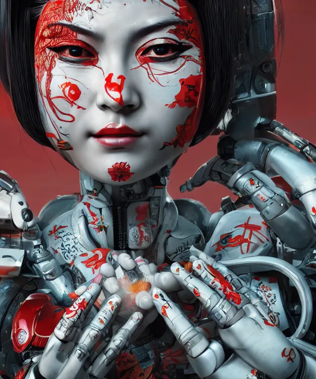 Image similar to an epic fantastic realism comic book style portrait painting of a japanese robotic geisha with kanji tattoos and decals, apex legends, octane render, intricate detail, 4 k hd, unreal engine 5