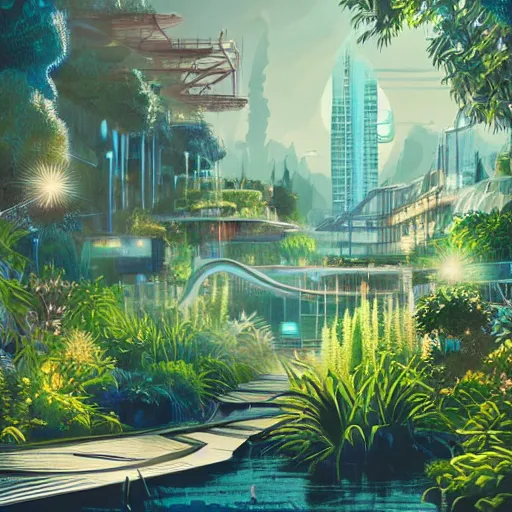 Prompt: beautiful happy picturesque charming organic futuristic sci - fi city in harmony with nature. water and plants. beautiful light. grainy and rough. soft colour scheme. beautiful artistic vector graphic design poster 4 k by vincent. ( 2 0 2 2 )