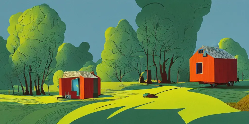 Prompt: tiny house in a small regenerative farm, gouache, animated film, stylised, illustration, by eyvind earle, scott wills, genndy tartakovski, syd mead