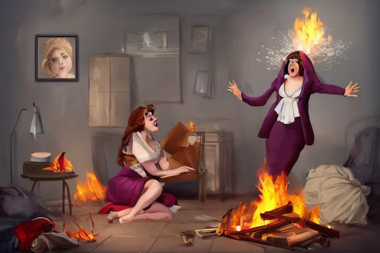 Image similar to a crazy opera singer hurries up to pack daughter's things in suitcase, surrounded with fire, clothes are flying around in room, digital art, trending on artstation, very very realistic