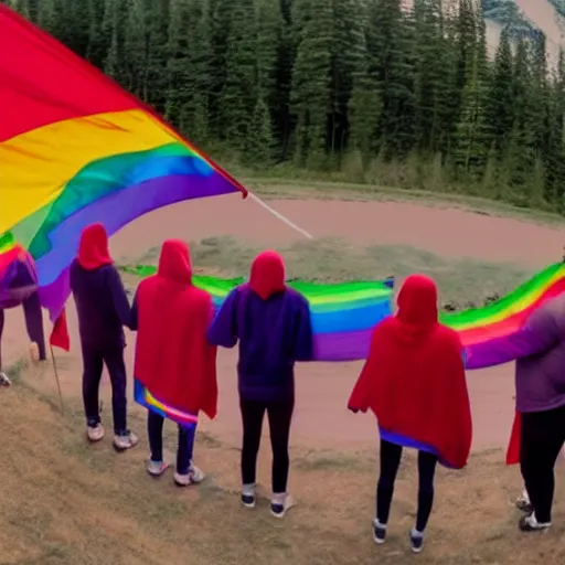 Prompt: An evil cult about to summon an evil female deity. All of the members with the expection of the leader are red hooded. They work for LGBTQ. One of the members hold a LGBTQ flag. 4K GoPro image.