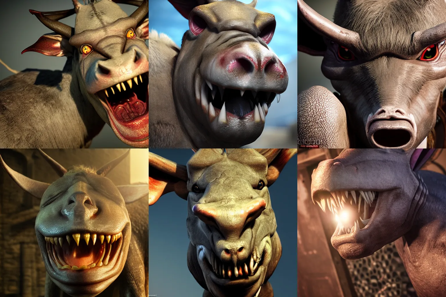 Prompt: incredibly realistic, too detailed face of cannibalistic catfish donkey demon, octane render, bump mapping, macro image, global illumination, 8 k, bokeh, xenoblade, d & d, elder scrolls, one piece