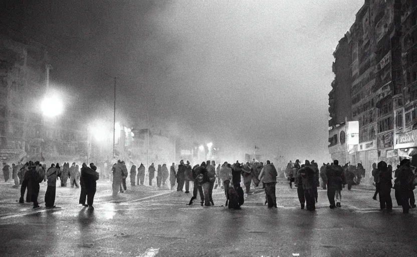 Prompt: 1990s movie still of a yougoslavian street with a large crowd fighting soviet soldiers, with stalinist style highrise, Cinestill 800t 18mm, heavy grainy picture, very detailed, high quality, 4k panoramic, HD criterion, dramatic lightning, streetlight at night, foggy