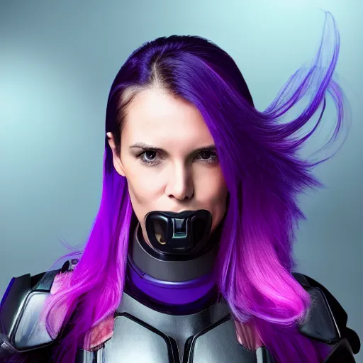 Image similar to a award winning action upper body portrait of a beautiful woman with a ombre purple pink hairstyle with head in motion and hair flying while wearing futuristic navy blue bodyarmor and pauldrons, outrun, vaporware, highly detailed, fine detail, intricate