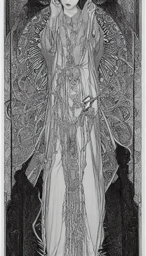 Image similar to yoon young as the high priestess, tarot design, by mucha, black and white graphite drawing, smooth render