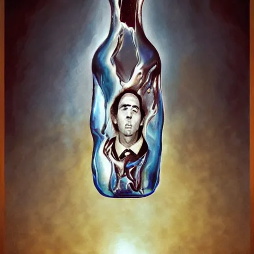 Image similar to Drinking from bottle Nicolas Cage in liquid form, Surrealism, Surreal drawing, Digital art, from artstation, art by Salvador Dali