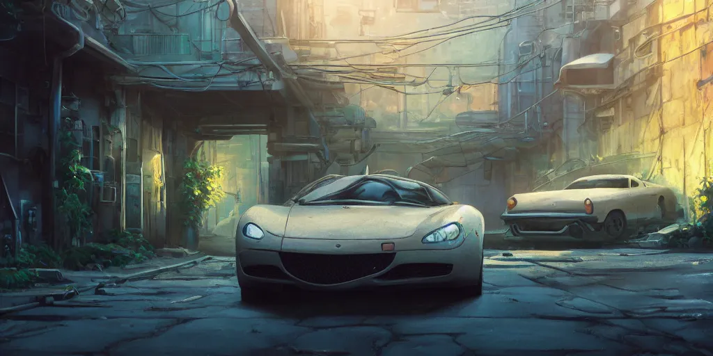 Prompt: a wholesome animation key shot of a focused modern car parked in an abandoned alleyway, medium shot, waist up, studio Ghibli, Pixar and Disney animation, sharp, very detailed, high resolution, Rendered in Unreal Engine 5, anime key art by Greg Rutkowski, Bloom, dramatic lighting