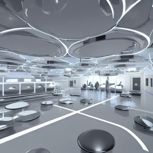 Image similar to concept interior design futuristic laboratory with a lot of lights and halls, ray tracing, 4 k