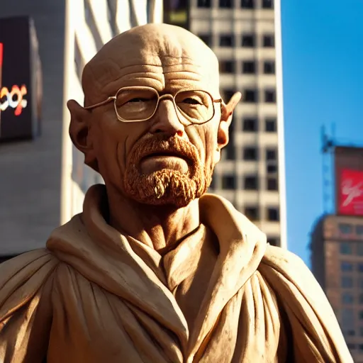 Image similar to extreme long - shot photograph of a renaissance clay sculpture of walter white wearing a phrygian cap in times square, made by michelangelo, very detailed, sharp focus, 8 k resolution, ray tracing