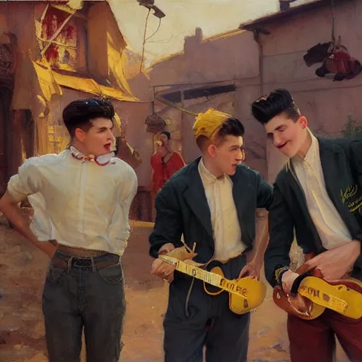 Prompt: three male teens wearing rockabilly outfits and eating yellow popsicles while looking around by gaston bussiere, craig mullins, j. c. leyendecker 8 k