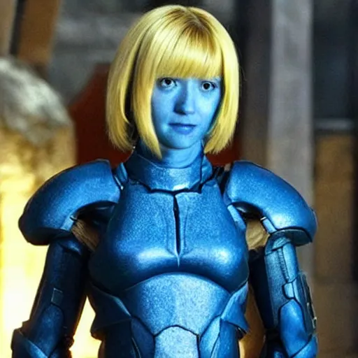 Prompt: A still of Samus Aran from Metroid in Game of Thrones (2011), wearing a light-blue dress, photorealistic