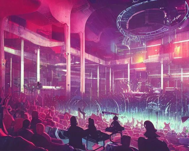 Image similar to IKEA catalogue photo of a cyberpunk concert hall, by Paul Lehr