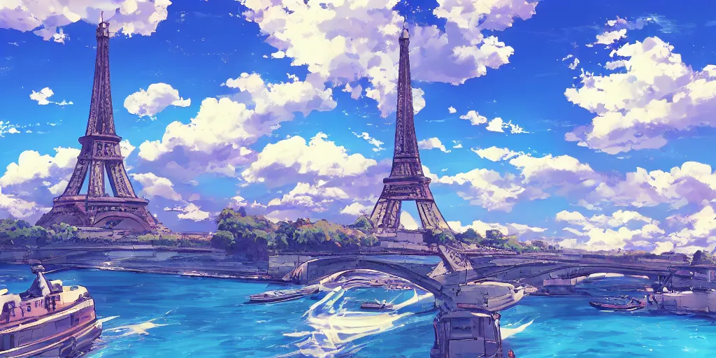 Prompt: a view on eiffel tower from seine with amazing clouds and blue sky, in the style of makoto shinkai anime and studio ghibli anime, colorful, romantic, 4 k resolution, artstation, pixiv, anime background,