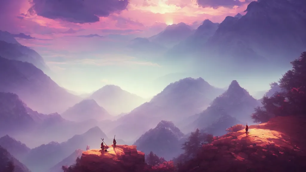 Prompt: samurai resting on a mountain top, cool hazy sky, by sylvain sarrailh, rossdraws, ambient light, ultra detailed, fantasy artwork, 8 k, volumetric lighting, trending on artstation, award winning, very beautiful.