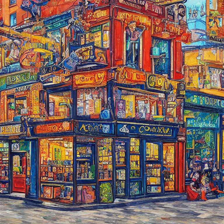 Prompt: modern coin shop. intricately detailed acrylic painting