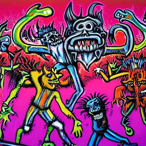 Image similar to mural of demons in rave party in hell by Chor Boogie