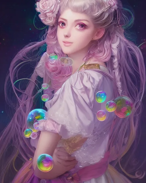 Image similar to portrait of magical lolita girl, dreamy and ethereal, expressive pose, big gold eyes, exciting expression, fantasy, intricate, elegant, many rainbow bubbles, rose tones, highly detailed, anime, artstation, concept art, cyberpunk wearing, smooth, sharp focus, illustration, art by artgerm and greg rutkowskiand alphonse mucha