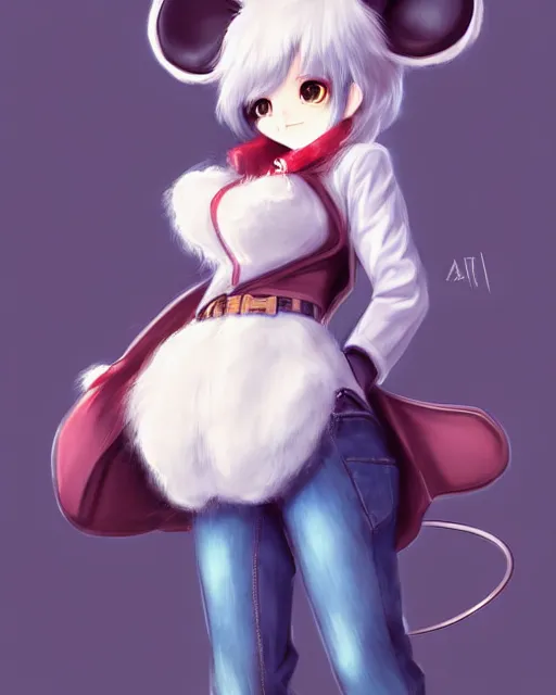 Prompt: fullbody portrait of anthropomorphic half - mouse fluffy cute anime woman in jeans coat, concept art, anime art, by a - 1 picture, trending on artstation artgerm, furaffinity, ross tran, marc davis