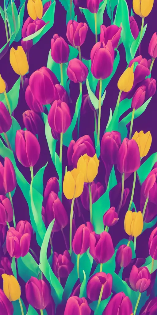 Prompt: cursed multicolored tulips, tom whalen, james gilleard, liam brazier, tristan eaton