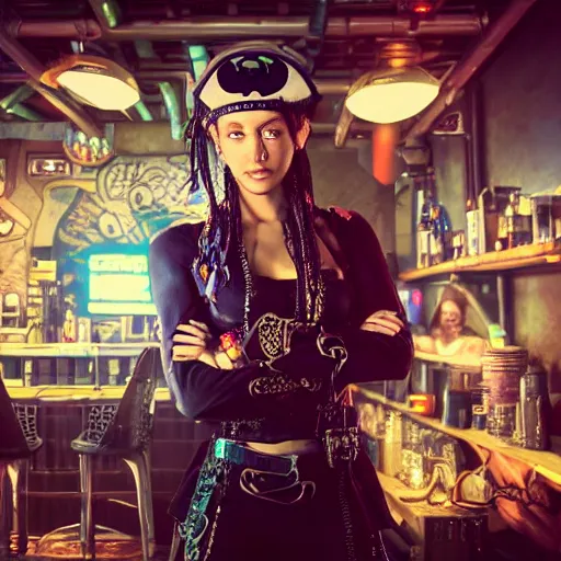 Image similar to a high quality portrait of a beautiful stunning pirate in a cyberpunk cyberpunk cyberpunk cafe, realism, 8k, award winning photo