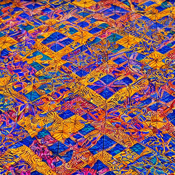 Image similar to hyper realistic wide shot of very detailed and colorful intricate perfectly tiling african geometric patterned tiles, flat lighting, top - down photograph, canon eos r 3, iso 2 0 0, 1 / 1 6 0 s, 8 k, raw, unedited, in - frame