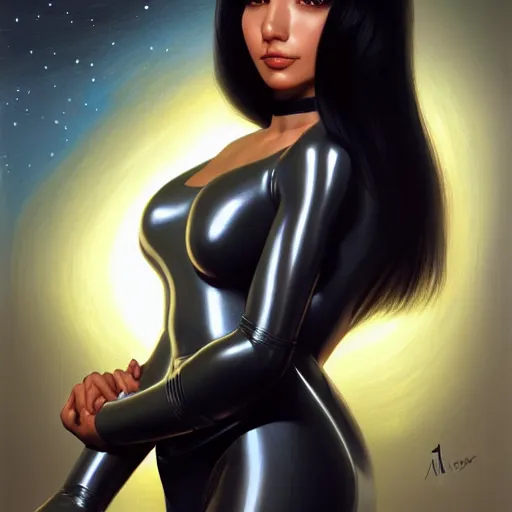 Image similar to a portrait of a very beautiful woman in a spacesuit, Alexandria's genesis, shoulder-length black hair, bored, illustration, soft lighting, soft details, painting oil on canvas by mark arian by artgerm, trending on artstation, 4k, 8k, HD