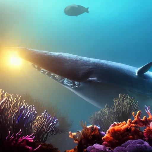 Image similar to blue whale being eaten by a cyclops underwater blue glow seaweed tiny fish wide angle unreal engine