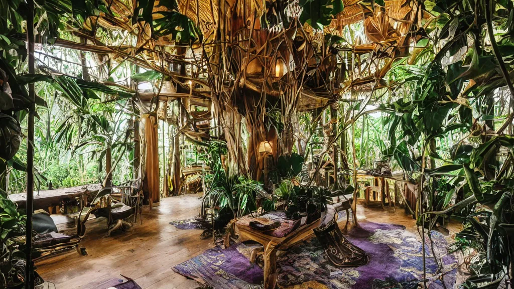 Prompt: 35mm photo of interior of luxurious jungle treehouse, sublime interior design, lavender colors, wall sconces, jungle view, humble, style of Tudor, professional photography, wide perspective, grand composition, concept art, highly detailed, sublime, dramatic, cinematic