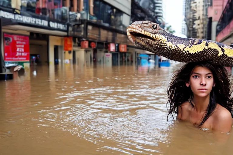 Image similar to closeup portrait of a girl carrying a python over her head in a flood in Pitt Street in Sydney in Australia, photograph, natural light, sharp, detailed face, magazine, press, photo, Steve McCurry, David Lazar, Canon, Nikon, focus