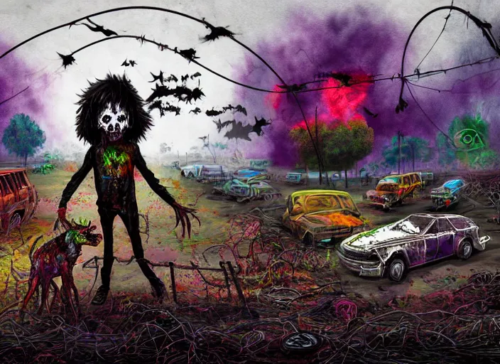 Image similar to a bad psychedelic trip, cows falling onto pits of fire, crows perched on a barbed wire fence, smog and abandoned vehicles litter the streets, zombified creatures walk the earth, digital painting masterpiece, trending on artstation and pixiv