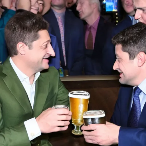 Prompt: Zelensky and Putin drinking beer and having fun