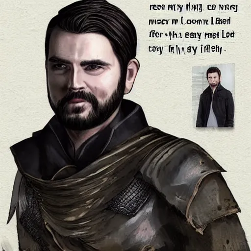 Prompt: Renly is a powerful man who is lean and lithe. He has a handsome, clean-shaven face and has an easy smile. He is tall and broad in the chest. He has fine, straight, thick hair black as jet and coal which falls to his shoulders, kept tied behind his head with a golden ribbon. He always keeps his hair clean and combed. He has laughing green eyes which match his armor.