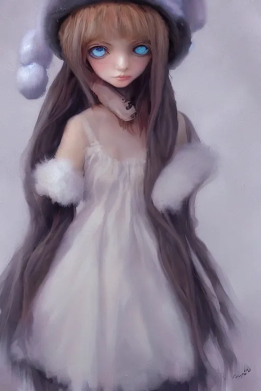 Prompt: cute doll girl big eyed with white dress and fuzzy hat by greg rutkowski and artgerm