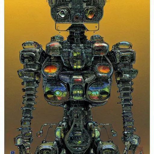 Image similar to simple concept art portrait of an intricately designed defense robot. an award winning yoshitaka amano poster. a masterpiece by james gurney. deep color.