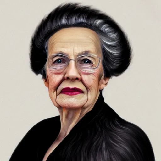 Prompt: a digital portrait of a 99 year old with black hair,hazel green eyes, drawn in the style of mark Arian