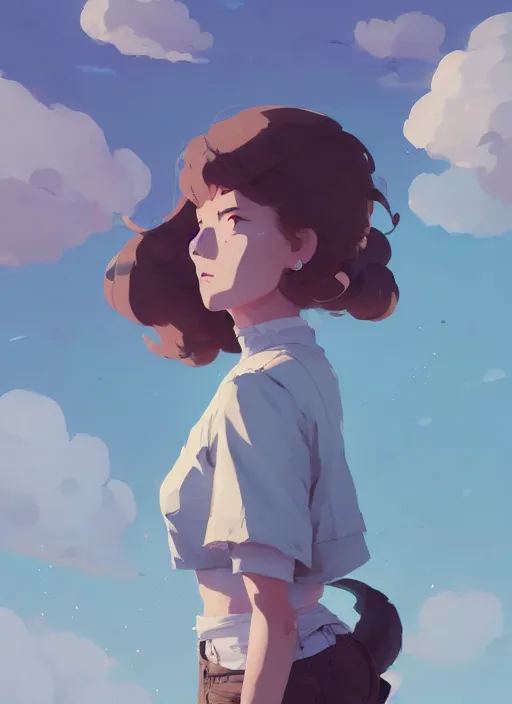 Image similar to portrait of cute maiden girl cowered, cloud sky background, by atey ghailan, by greg rutkowski, by greg tocchini, by james gilleard, by joe gb fenton, by kaethe butcher, dynamic lighting, gradient light blue, brown, blonde cream and white color in scheme, grunge aesthetic