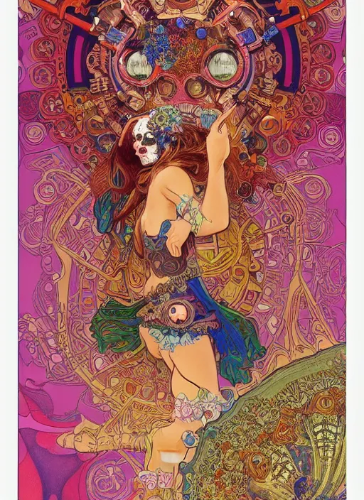 Image similar to realistic detailed psychedelic poster art of a cute steampunk android fractal Día de los Muertos girl dancing by Victor Moscoso Rick Griffin Alphonse Mucha Ayami Kojima Amano Charlie Bowater, masterpiece