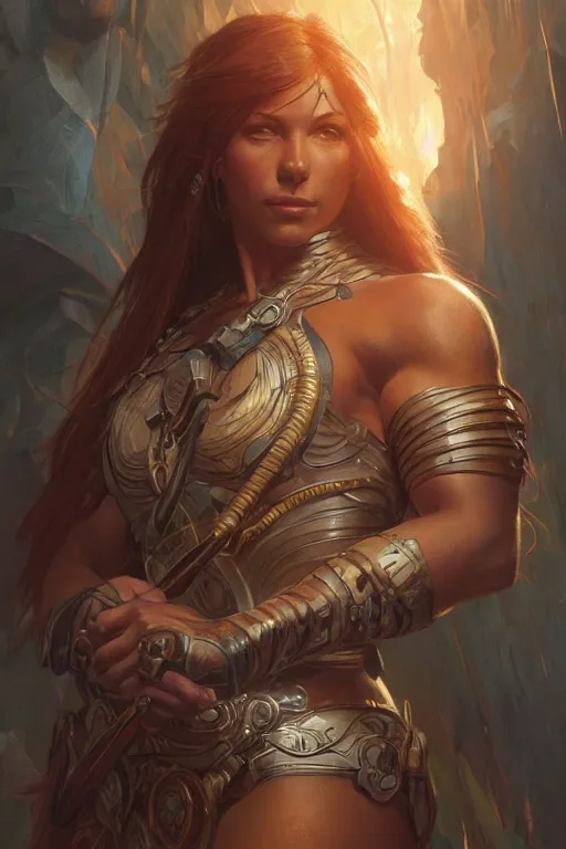 Image similar to portrait of an amazon, muscular, upper body, D&D, fantasy, intricate, cinematic lighting, highly detailed, digital painting, artstation, concept art, smooth, sharp focus, illustration, art by Artgerm and Greg Rutkowski and Alphonse Mucha