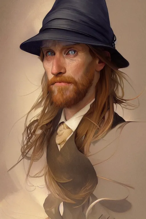 Image similar to ultra realistic illustration, vincent van goh wearing a party hat, elegant, highly detailed, digital painting, concept art, smooth, sharp focus, illustration, art by artgerm and greg rutkowski and alphonse mucha