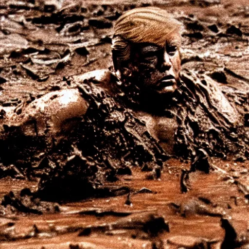 Image similar to the terminator disguised as donald trump, rising out of muddy vietnam river, face covered in mud, low camera angle at water level, night time, film still from apocalypse now ( 1 9 7 9 ), 2 6 mm,