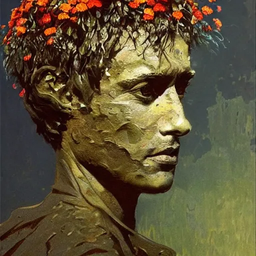 Image similar to a sculpture portrait made of water and sand and flowers and plants, painting part by wojciech siudmak, part by ilya repin, part by max ernst, part by norman rockwell, artstation