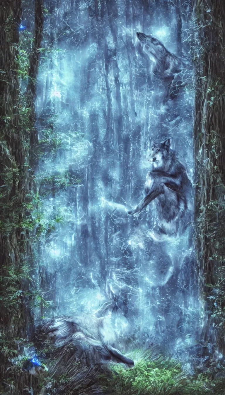 Image similar to humanoid wolf in an enchanted forest with a blue hue and blue fireflie and a waterfall in the distance that magically glows blue, insanely detailed