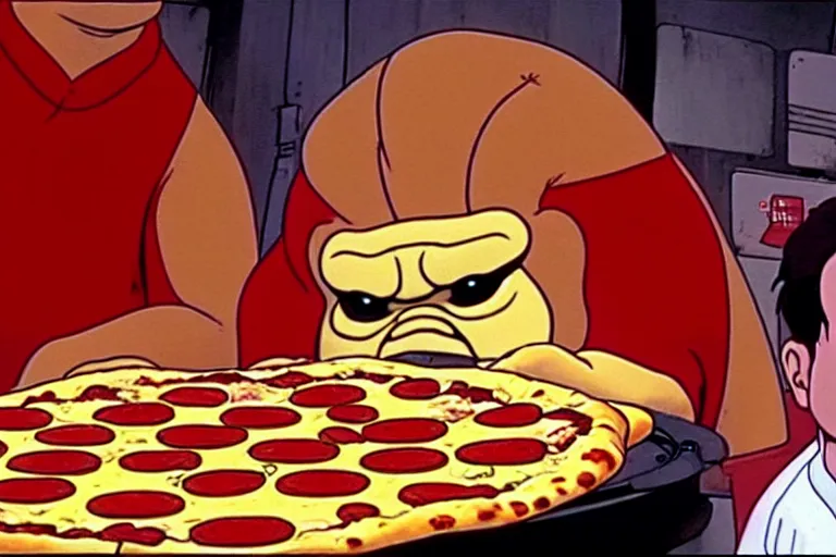 Image similar to a film still of pizza the hut in the akira, high quality