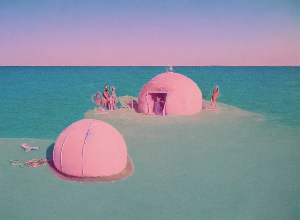 Image similar to a pastel coloured vintage family holiday photo of an empty beach from an alien dreamstate world with chalky pink iridescent!! sand, reflective lavender ocean water, dim bioluminescent plant life and an igloo shaped shiny plastic festival stage and transparent sound system!! glare. refraction, volumetric light.