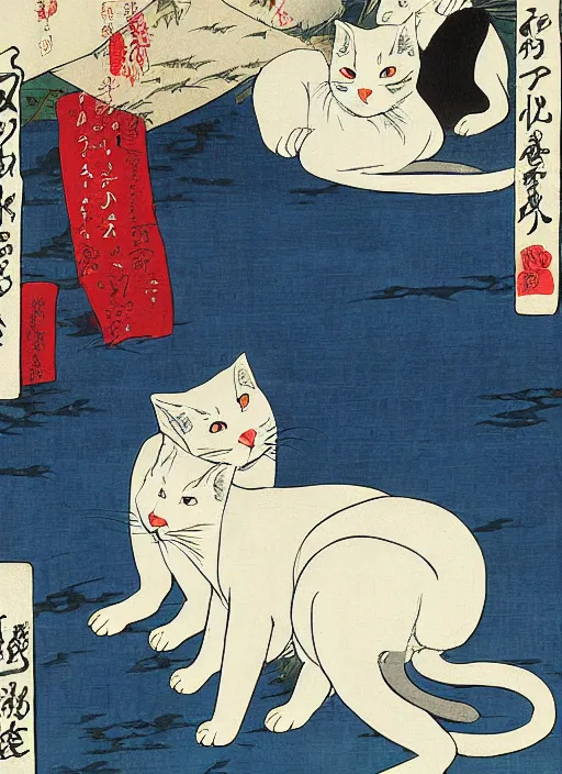 Image similar to whitecat with 2 baby white cats of utagawa hiroshige, digital painting 4 k uhd image, highly detailed