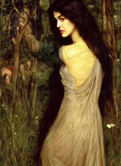 Image similar to a beautiful painting of monica bellucci by John Everett Millais and Dante Gabriel Rossetti and John Collier and john william waterhouse, pre-raphaelite, detailed, trending on artstation, hd, masterpiece