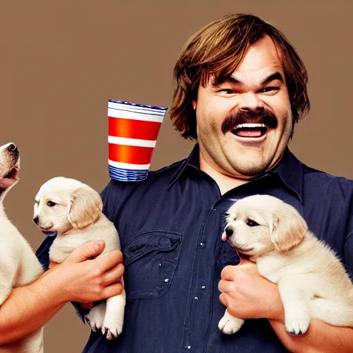 Image similar to jack black eating popcorn, surrounded by puppies, hd, laughing